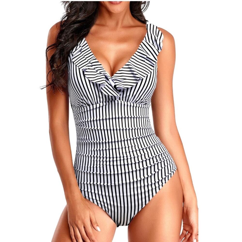 Holipick Women Black White Striped Tummy Control Ruffle One Piece XXL NWT